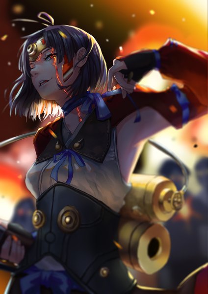 Anime picture 2480x3507 with koutetsujou no kabaneri wit studio mumei (kabaneri) nishinishi (weixizi) single tall image looking at viewer highres short hair open mouth black hair smile red eyes holding upper body long sleeves arm up blurry from below armpit (armpits)