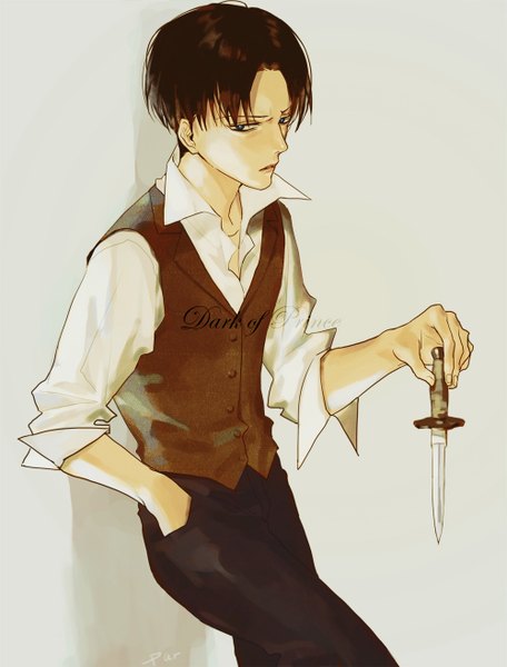 Anime picture 1000x1316 with shingeki no kyojin production i.g levi (rivaille) par single tall image short hair blue eyes simple background brown hair looking away grey background text open collar english hand in pocket serious boy weapon shirt