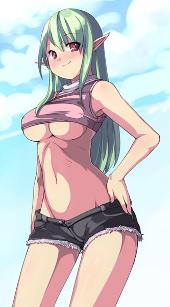 Anime picture 833x1500 with saiste single long hair tall image blush light erotic smile red eyes green hair pointy ears midriff hand on hip girl navel shorts short shorts