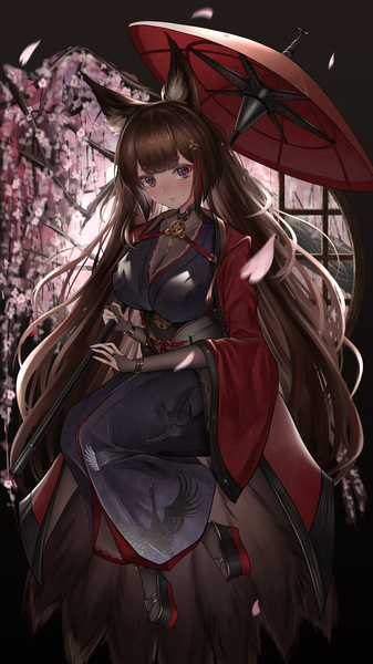 Anime picture 1728x3072 with azur lane amagi (azur lane) hikagen yoshio single long hair tall image blush fringe highres breasts smile brown hair large breasts sitting purple eyes animal ears full body tail blunt bangs traditional clothes