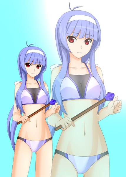 Anime picture 1071x1500 with quiz magic academy satsuki (quiz magic academy) kenken long hair tall image looking at viewer light erotic red eyes blue hair zoom layer girl navel swimsuit hairband