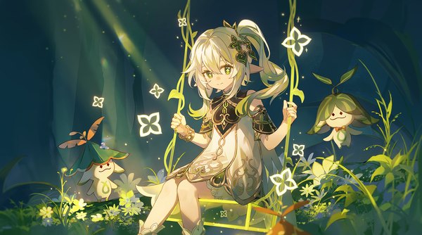 Anime picture 1794x1000 with genshin impact nahida (genshin impact) aranara (genshin impact) sevallasd single long hair looking at viewer fringe highres hair between eyes wide image sitting green eyes silver hair pointy ears side ponytail girl dress plant (plants) creature