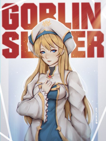 Anime picture 2473x3300 with goblin slayer! priestess (goblin slayer!) liya nikorov single long hair tall image looking at viewer fringe highres blue eyes blonde hair signed upper body parted lips wide sleeves copyright name twitter username hand on chest girl dress