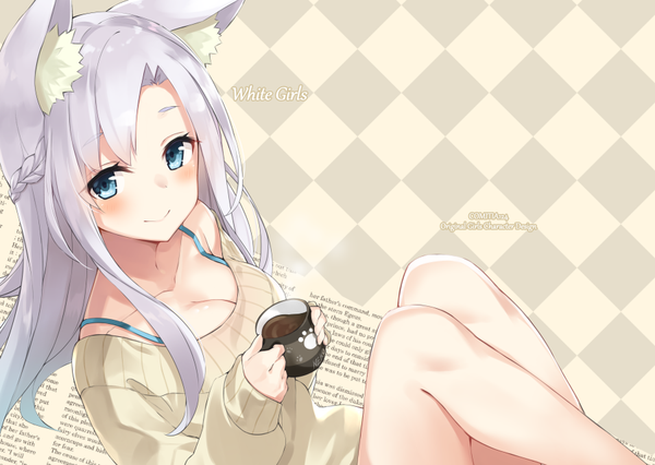 Anime picture 900x640 with original takehana note single long hair looking at viewer blush fringe breasts blue eyes simple background smile holding animal ears cleavage silver hair bent knee (knees) braid (braids) cat ears paw print girl