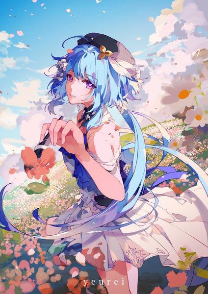 Anime picture 1200x1699 with honkai impact 3rd honkai (series) griseo yeurei single long hair tall image looking at viewer purple eyes twintails signed payot blue hair sky cloud (clouds) ahoge outdoors low twintails girl flower (flowers)