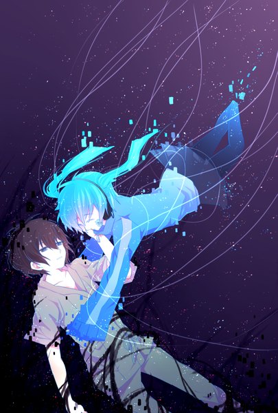 Anime picture 1181x1748 with kagerou project shaft (studio) ene (kagerou project) kisaragi shintarou shuumatsu (lulux woodoo) long hair tall image fringe short hair brown hair twintails eyes closed long sleeves wide sleeves pale skin girl boy skirt jacket headphones