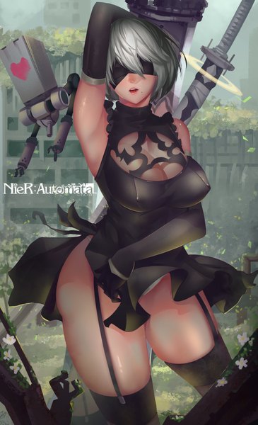 Anime picture 2480x4069 with nier nier:automata yorha no. 2 type b pod (nier:automata) ctrlz77 single tall image blush fringe highres short hair breasts open mouth light erotic large breasts silver hair mole armpit (armpits) pantyshot copyright name