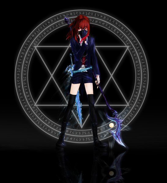 Anime picture 1365x1500 with azmodan single long hair tall image red eyes red hair magic girl thighhighs black thighhighs sword shorts staff magic circle