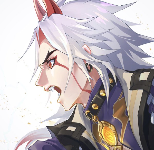 Anime picture 2140x2092 with genshin impact arataki itto bibi (obb spl) single long hair highres open mouth red eyes looking away silver hair upper body profile horn (horns) fang (fangs) tattoo oni horns boy earrings hoop earrings vision (genshin impact)