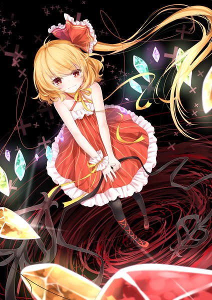 Anime picture 2000x2828 with touhou flandre scarlet transistor (poppy) single long hair tall image looking at viewer blush highres short hair blonde hair red eyes bare shoulders one side up dark background girl dress flower (flowers) bow weapon