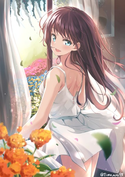 Anime picture 2897x4096 with original timo wei95 single long hair tall image looking at viewer blush fringe highres open mouth blue eyes smile brown hair standing signed indoors :d looking back wind from behind