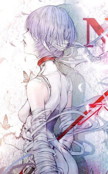 Anime-Bild 712x1142 mit neon genesis evangelion gainax ayanami rei kuroe (pixiv5268156) single tall image short hair light erotic red eyes bare shoulders looking away purple hair parted lips shadow bandage over one eye nerv girl insect butterfly bandage (bandages)