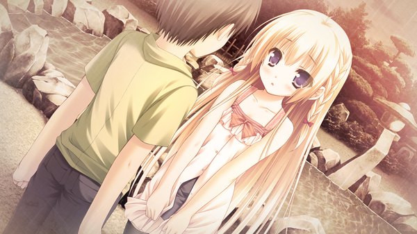 Anime picture 1280x720 with hanairo heptagram tamami koishikawa moekibara fumitake long hair blush blue eyes black hair blonde hair wide image game cg braid (braids) twin braids girl boy