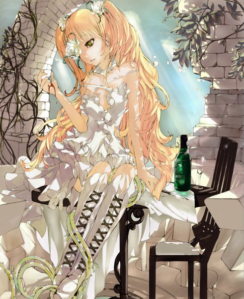 Anime picture 1260x1540 with rozen maiden kirakishou nyami (artist) single long hair tall image blonde hair sitting twintails green eyes lolita fashion brick wall flower over eye girl dress flower (flowers) plant (plants) boots rose (roses) blood