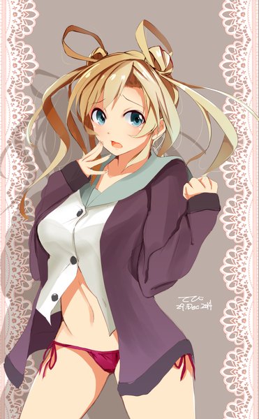 Anime picture 1239x2000 with kantai collection abukuma light cruiser tebi (tbd11) single long hair tall image blush open mouth blue eyes light erotic blonde hair standing twintails open clothes open jacket bare belly hair bun (hair buns) girl underwear panties