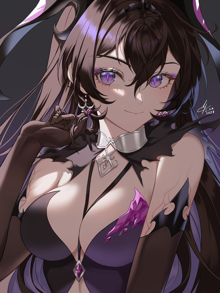 Anime picture 3000x4000 with epic seven tenebria (epic seven) specter tenebria (epic seven) i a n single long hair tall image looking at viewer blush highres breasts light erotic black hair simple background large breasts purple eyes signed cleavage upper body arm up