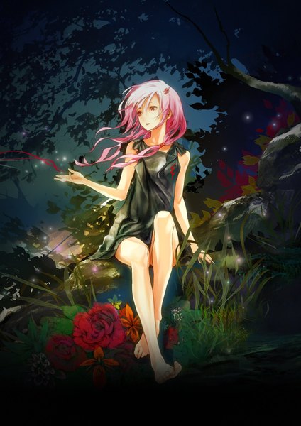 Anime picture 1280x1810 with guilty crown production i.g yuzuriha inori redjuice single long hair tall image fringe open mouth red eyes sitting pink hair barefoot wind night bare legs legs sleeveless crossed legs girl