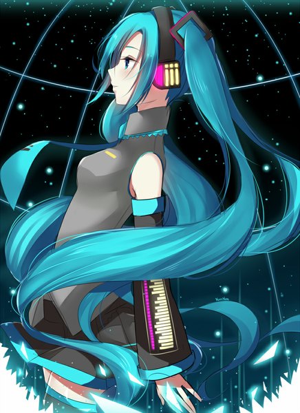 Anime picture 800x1100 with vocaloid hatsune miku yumyum single long hair tall image blush twintails bare shoulders profile aqua eyes aqua hair girl thighhighs black thighhighs detached sleeves headphones