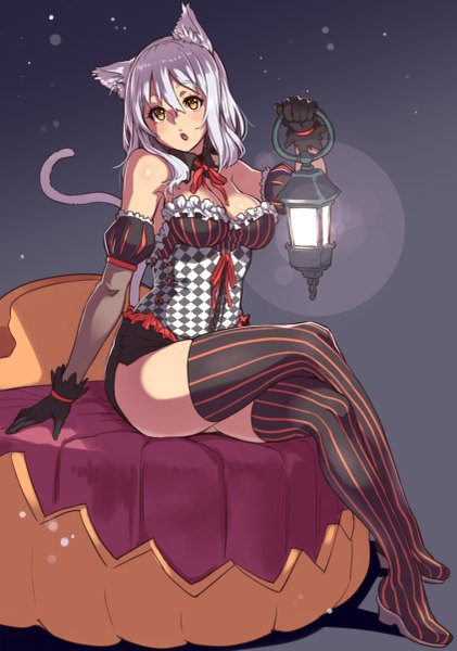Anime picture 843x1200 with original houtengeki single tall image blush short hair open mouth light erotic bare shoulders animal ears white hair tail animal tail cat ears cat girl cat tail girl dress gloves elbow gloves