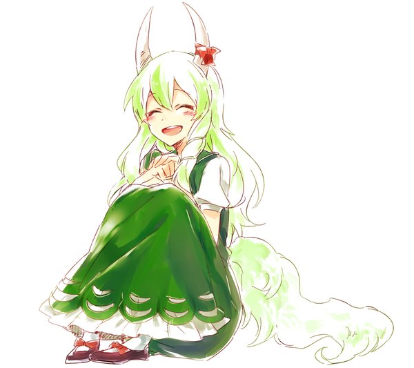 Anime picture 1800x1600 with touhou kamishirasawa keine ex-keine six (fnrptal1010) single long hair blush highres open mouth simple background white background sitting tail eyes closed animal tail horn (horns) green hair girl dress