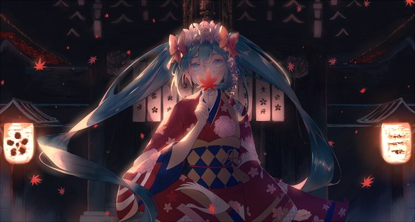 Anime picture 1500x802 with vocaloid hatsune miku suketto 0112 single looking at viewer fringe hair between eyes wide image twintails very long hair traditional clothes japanese clothes aqua eyes aqua hair covered mouth rhombus girl hair ornament bow hair bow