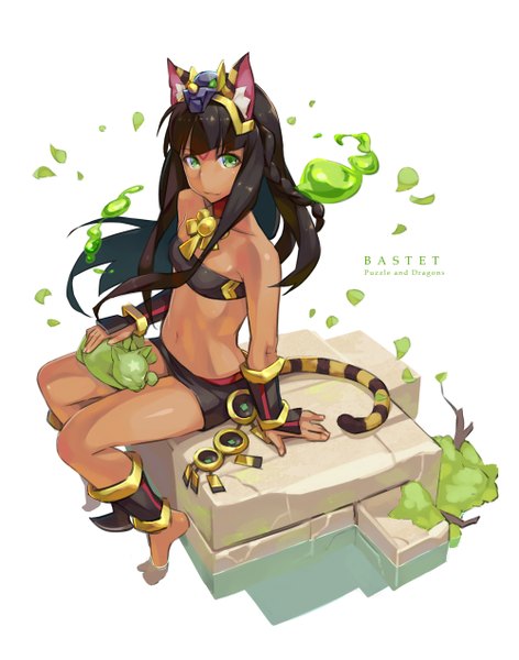 Anime picture 1000x1271 with puzzle & dragons bastet (p&d) k (pixiv id=2900864) single long hair tall image fringe light erotic black hair sitting green eyes animal ears tail animal tail tiger ears tiger tail girl