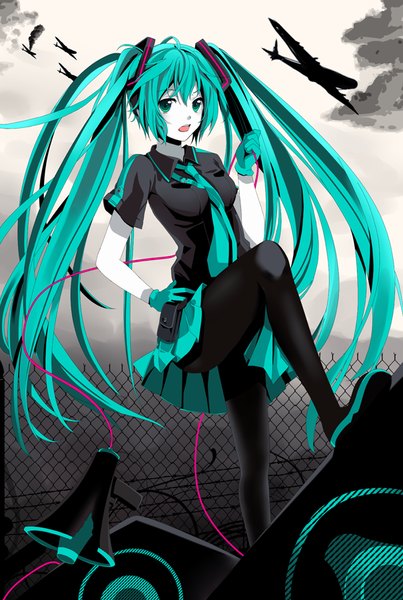 Anime picture 605x900 with vocaloid koi wa sensou (vocaloid) hatsune miku hitsukuya single tall image looking at viewer open mouth twintails sky bent knee (knees) very long hair aqua eyes aqua hair hand on hip girl gloves pantyhose necktie wire (wires)