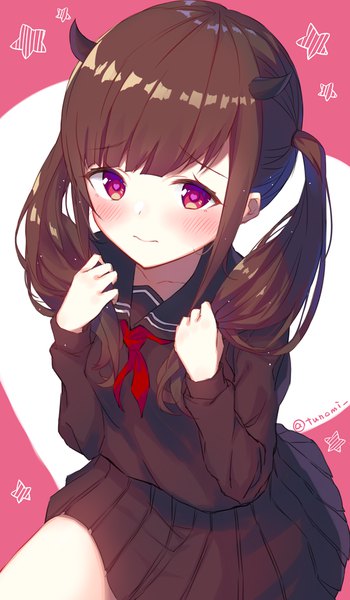 Anime picture 631x1080 with original tsuzaki tsunomi single long hair tall image looking at viewer blush fringe simple background red eyes brown hair twintails signed payot blunt bangs long sleeves pleated skirt horn (horns) light smile twitter username