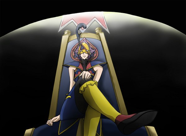 Anime picture 1097x800 with star driver miyabi reiji single sitting pink hair crossed legs black background boy mask throne