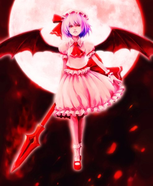 Anime picture 1200x1457 with touhou remilia scarlet hironox single tall image short hair red eyes purple hair lips bat wings red moon girl dress skirt weapon hat socks shoes full moon skirt set