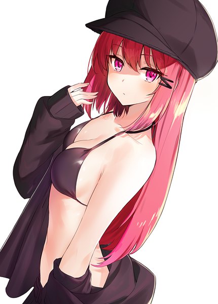 Anime picture 2934x4096 with original ariaria (netsuki) miruto netsuki single long hair tall image looking at viewer blush fringe highres breasts light erotic simple background hair between eyes white background bare shoulders payot cleavage upper body red hair