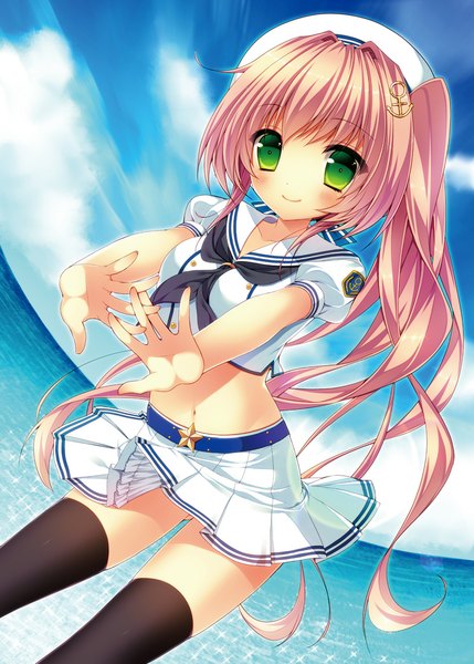 Anime picture 800x1119 with original minatsuki alumi single long hair tall image looking at viewer smile brown hair green eyes sky cloud (clouds) girl thighhighs skirt black thighhighs sea skirt set sailor suit peaked cap