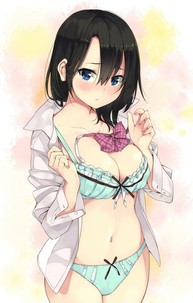 Anime picture 637x1000 with original unasaka ryou single long hair tall image looking at viewer blush fringe breasts blue eyes light erotic black hair large breasts standing open clothes bare belly open shirt undressing frilled bra girl