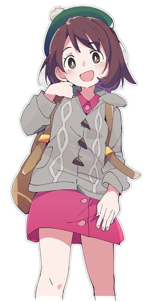Anime picture 480x919 with pokemon pokemon (game) pokemon swsh nintendo gloria (pokemon) ixy single tall image looking at viewer blush short hair open mouth simple background brown hair brown eyes from below outline girl beret cardigan