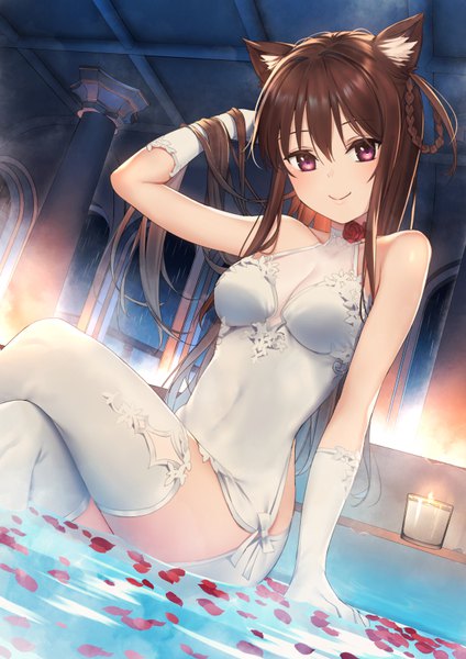 Anime picture 579x819 with 22/7 a-1 pictures tachikawa ayaka nagareboshi single long hair tall image looking at viewer blush fringe breasts light erotic smile hair between eyes brown hair purple eyes bare shoulders animal ears indoors cat ears