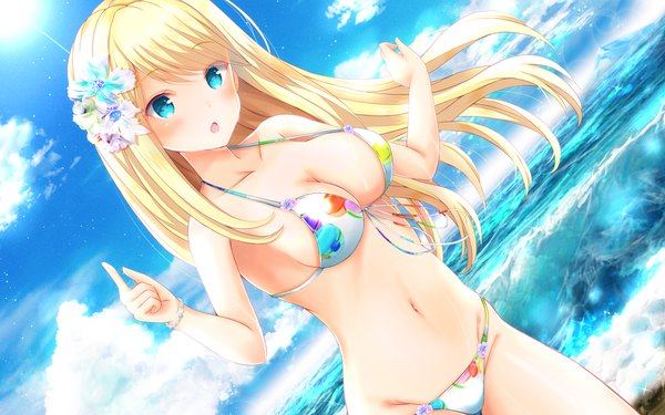 Anime picture 1920x1200 with girlfriend (kari) chloe lemaire masa (mirage77) single long hair looking at viewer blush fringe highres breasts open mouth blue eyes light erotic blonde hair hair between eyes standing bare shoulders sky cleavage cloud (clouds)