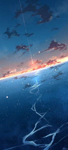 Anime picture 1102x2425 with original rune xiao tall image cloud (clouds) sunlight night dutch angle night sky evening snowing reflection sunset horizon no people scenic sea star (stars) sun