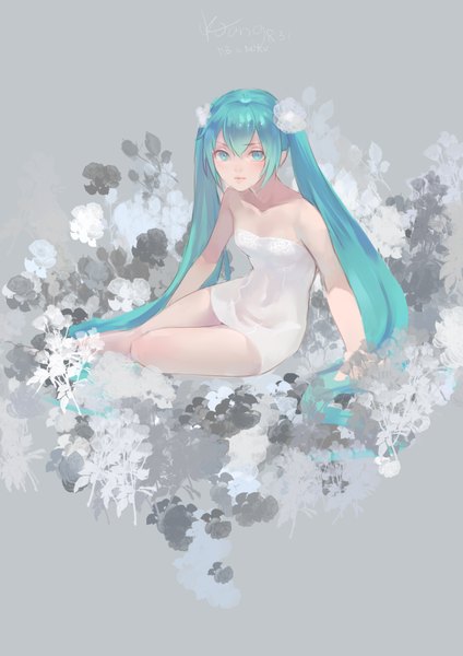 Anime picture 2480x3507 with vocaloid pixiv hatsune miku kamachi kamachi-ko single tall image looking at viewer blush fringe highres simple background sitting twintails bare shoulders signed bent knee (knees) very long hair aqua eyes aqua hair inscription