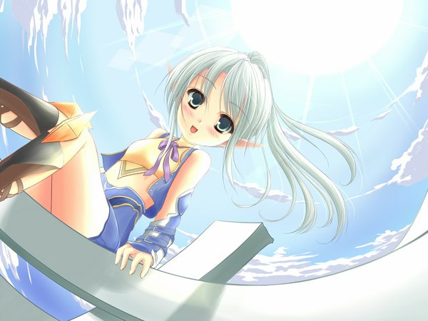 Anime picture 1024x768 with single long hair looking at viewer blush open mouth sitting bare shoulders green eyes silver hair cloud (clouds) ponytail sunlight elf girl ribbon (ribbons) sun