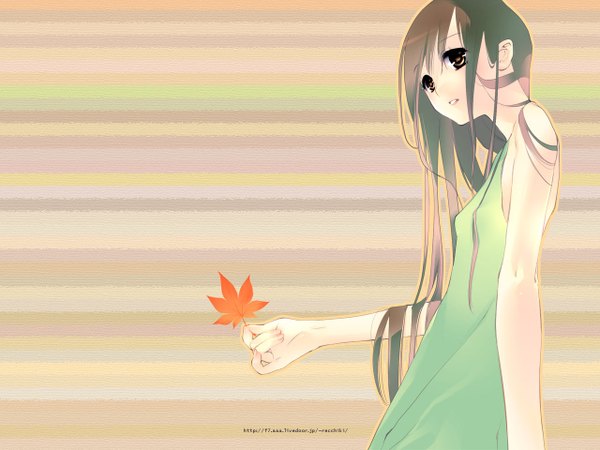 Anime picture 1280x960 with 888 single long hair brown hair bare shoulders brown eyes looking away wallpaper outstretched arm striped background girl dress leaf (leaves)