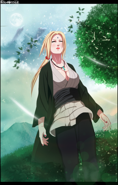 Anime picture 1000x1565 with naruto studio pierrot naruto (series) tsunade exdarkstyle single long hair tall image blush blonde hair smile sky cloud (clouds) ponytail eyes closed nail polish lipstick coloring mountain hokage