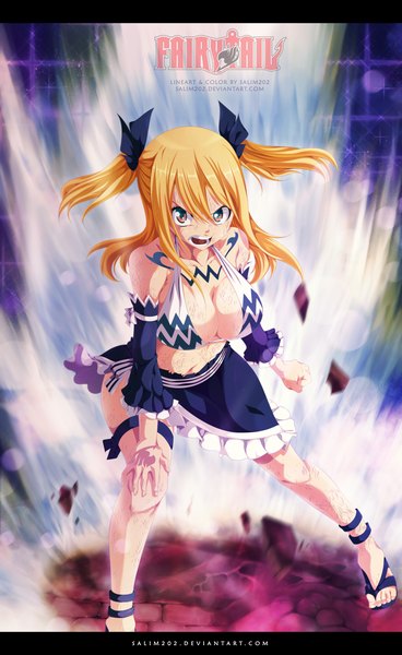 Anime picture 1200x1955 with fairy tail lucy heartfilia salim202 single long hair tall image open mouth light erotic blonde hair twintails brown eyes inscription tattoo coloring torn clothes magic angry girl detached sleeves frills