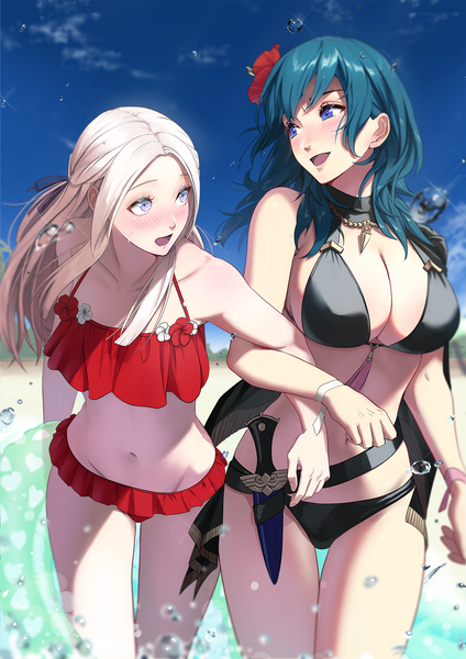 Anime picture 1240x1754 with fire emblem fire emblem: three houses fire emblem heroes nintendo edelgard von hresvelg byleth (fire emblem) byleth (female) (fire emblem) byleth (summer) (fire emblem) (female) mueririko long hair tall image blush fringe breasts open mouth blue eyes light erotic smile large breasts standing