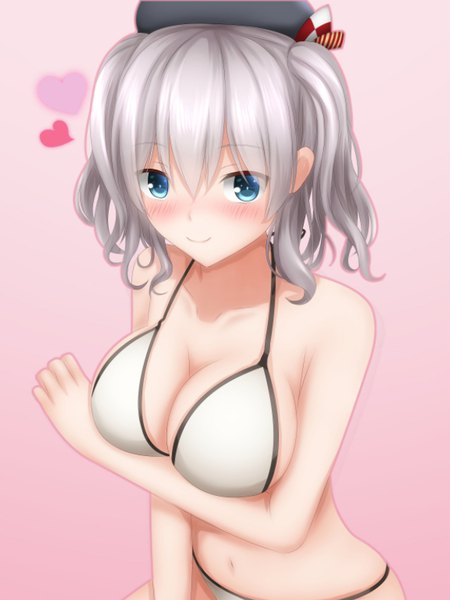 Anime picture 600x800 with kantai collection kashima training cruiser tapisuke single long hair tall image looking at viewer blush breasts blue eyes light erotic smile silver hair pink background girl navel swimsuit bikini heart white bikini