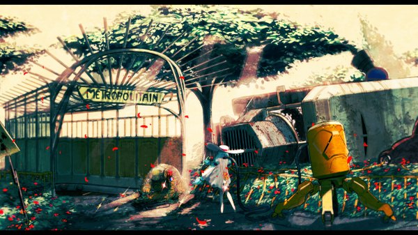 Anime-Bild 2400x1350 mit original asgr highres wide image standing holding very long hair wind sunlight aqua hair kneeling back glowing weightlessness warrior flower (flowers) plant (plants) hat petals sundress