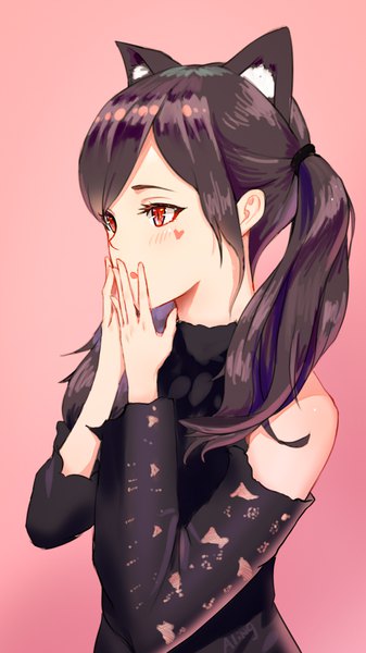 Anime picture 1080x1920 with original aling single long hair tall image blush fringe open mouth black hair simple background red eyes twintails bare shoulders animal ears payot looking away upper body cat ears :o torn clothes