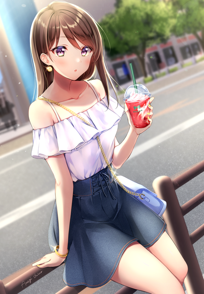 Anime picture 1236x1776 with original amagi shino single long hair tall image looking at viewer blush fringe hair between eyes brown hair sitting purple eyes bare shoulders holding signed outdoors nail polish head tilt fingernails blurry