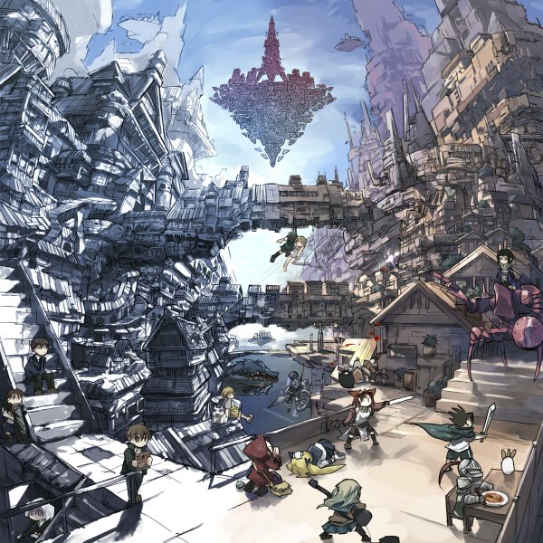 Anime picture 1200x1200 with original yamaada city cityscape weapon armor castle bridge flying castle