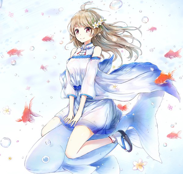 Anime picture 940x890 with original tokeshi single long hair looking at viewer fringe smile red eyes brown hair sitting bare shoulders full body ahoge hair flower floating hair happy underwater riding girl dress
