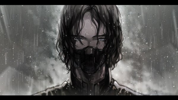 Anime picture 1500x841 with marvel comics winter soldier (bucky) hexahydrate single looking at viewer fringe short hair black hair hair between eyes wide image grey background wet monochrome portrait letterboxed rain spot color boy mask